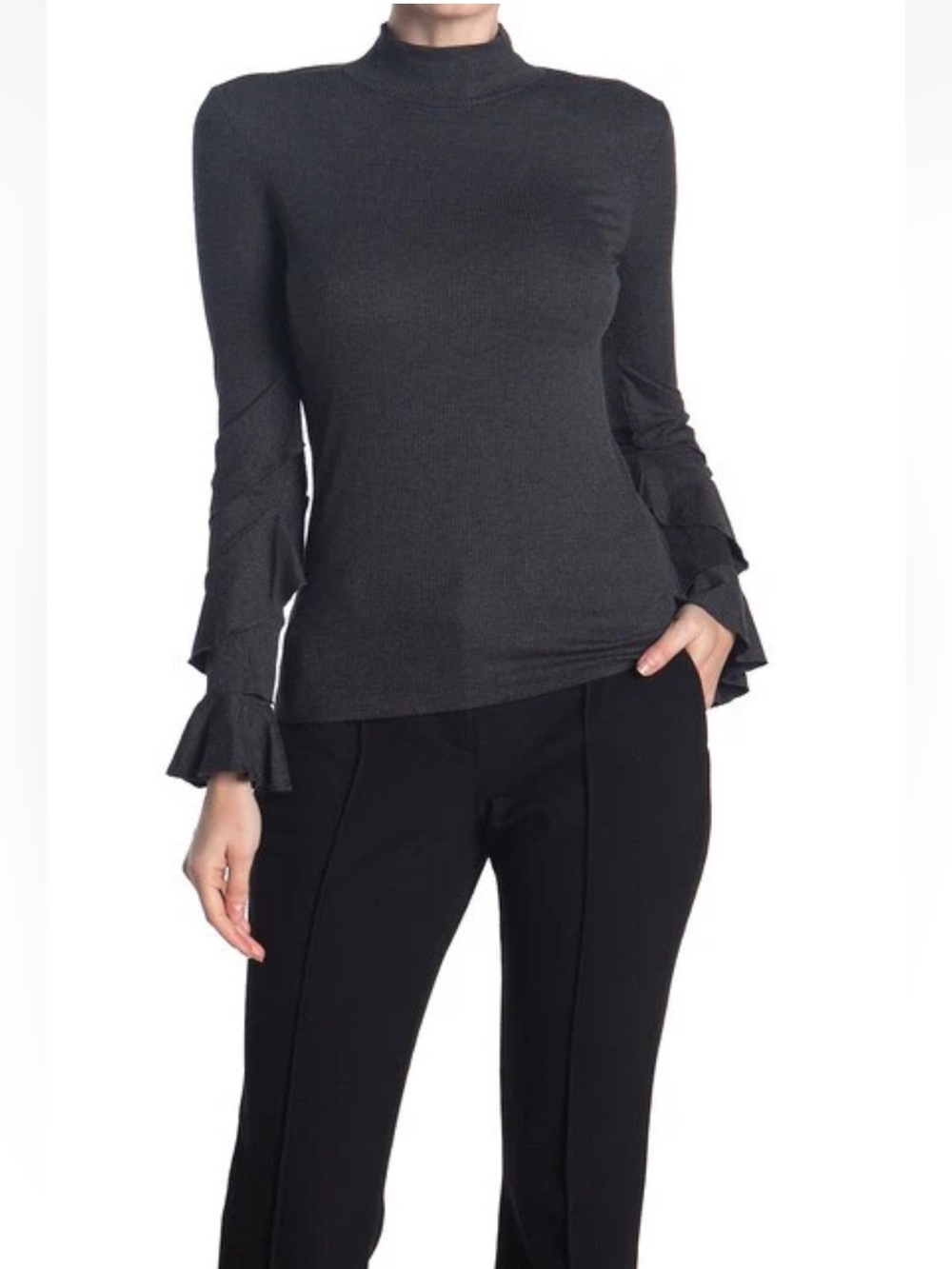 NWT 1.STATE Ruffle Sleeve Rib Knit Top Charcoal Gray Mock Neck XS